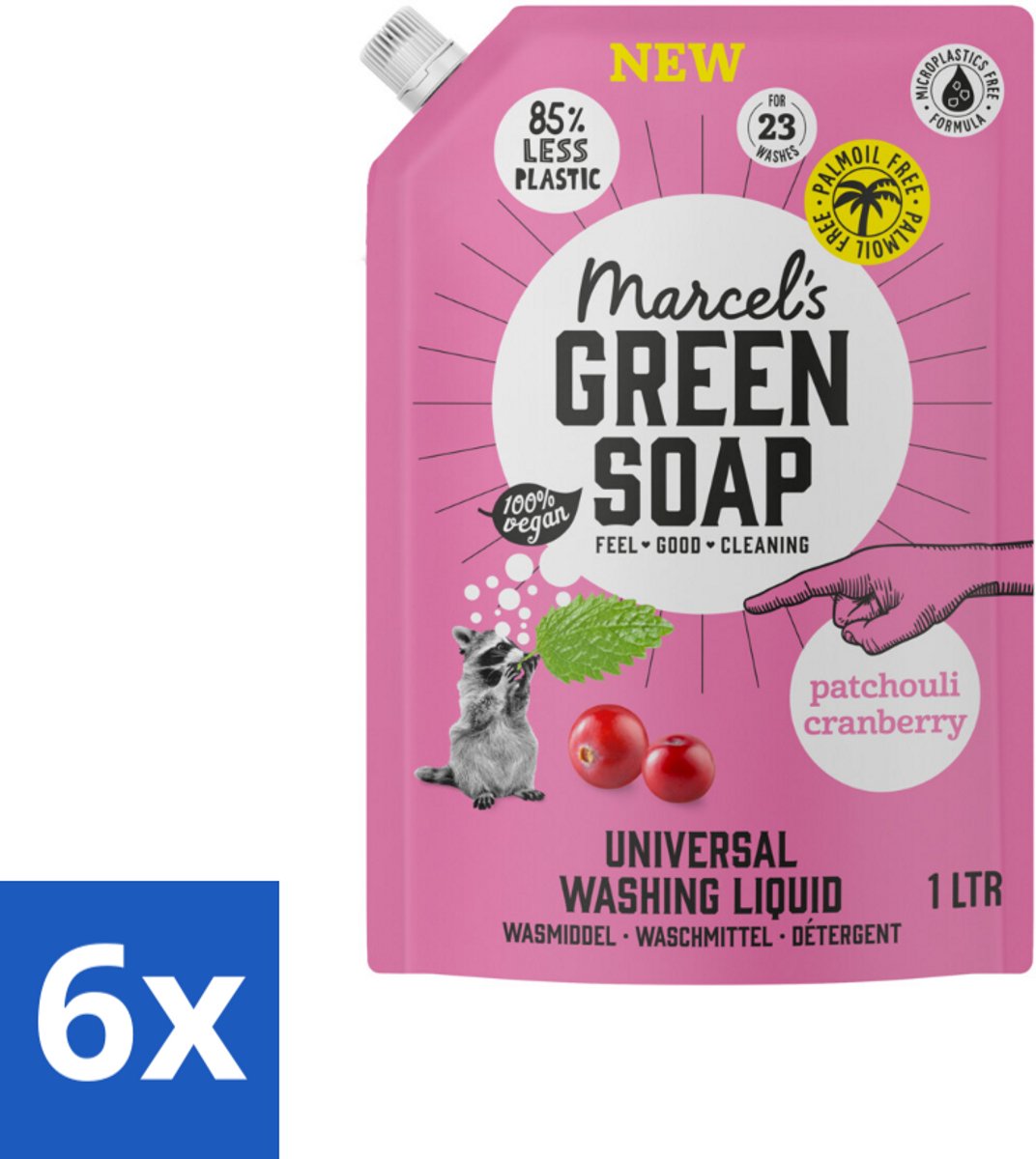 6 x Marcel's Green Soap - Vloeibaar Wasmiddel - Universeel - Navulling - Patchouli & Cranberry - Effectief & natuurlijk - 23 Wasbeurten - 1 liter - Wasmiddel - Kleurwasmiddel - Wasmiddel Navul - Ecologisch Wasmiddel - Biologisch Wasmiddel