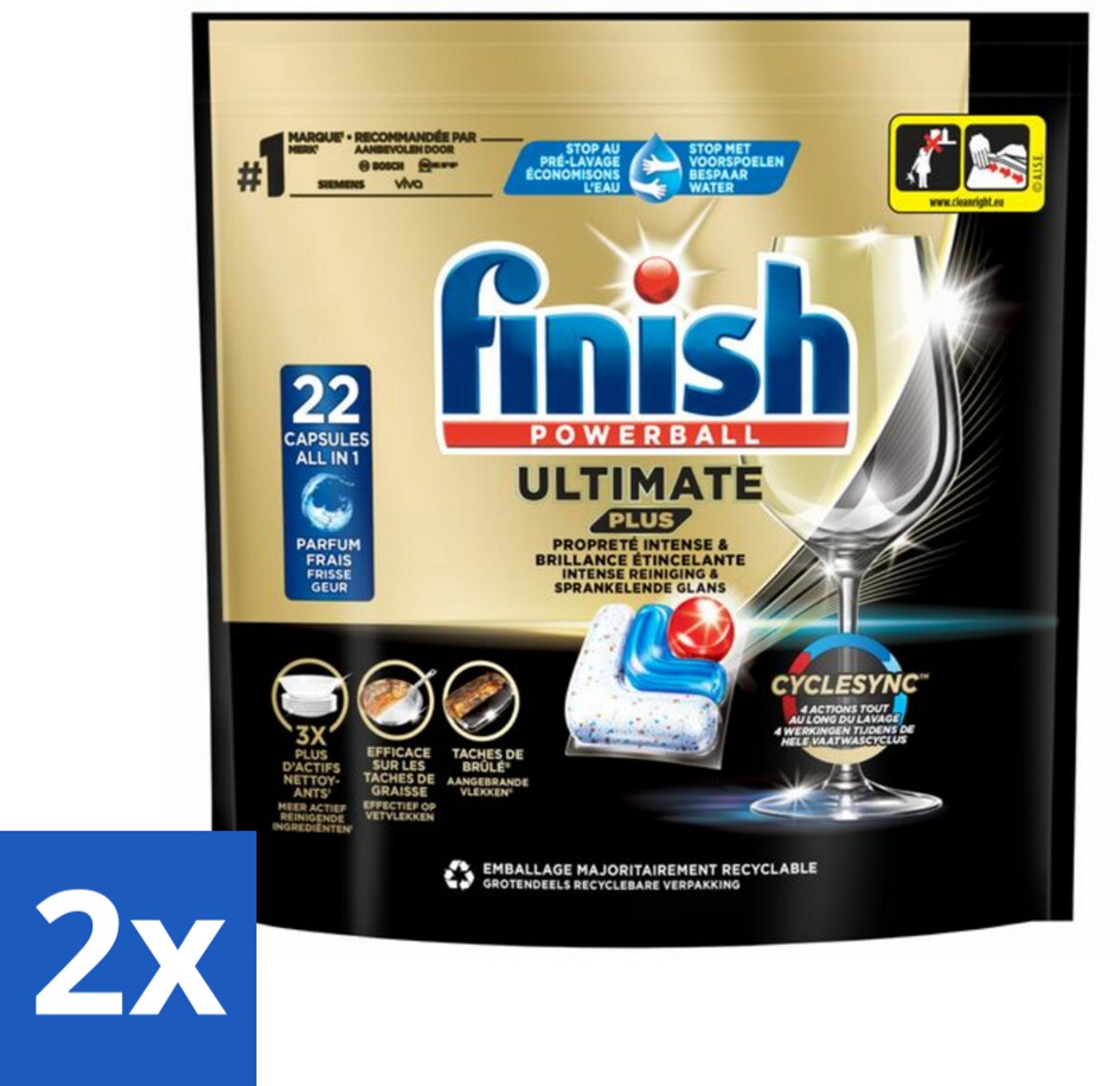 2 x Finish - Vaatwasmiddel - Ultimate Plus Vaatwastabletten Regular - Krachtige Alles-in-1 Reiniging - 22 capsules - Vaatwastabletten - Vaatwascapsules - Vaatwasser - Vaatwasmiddel - Glans