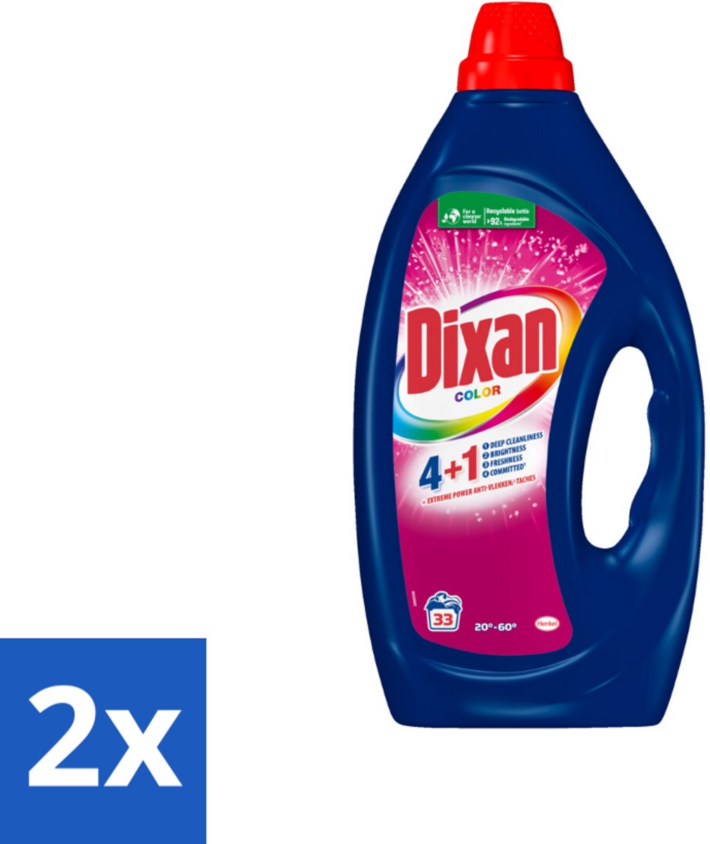 2 x Dixan - Vloeibaar wasmiddel - Voor gekleurde was - 33 wasbeurten - Wasmiddel - Gekleurde Was - Dixan - Wasverzachter - Kleurbescherming