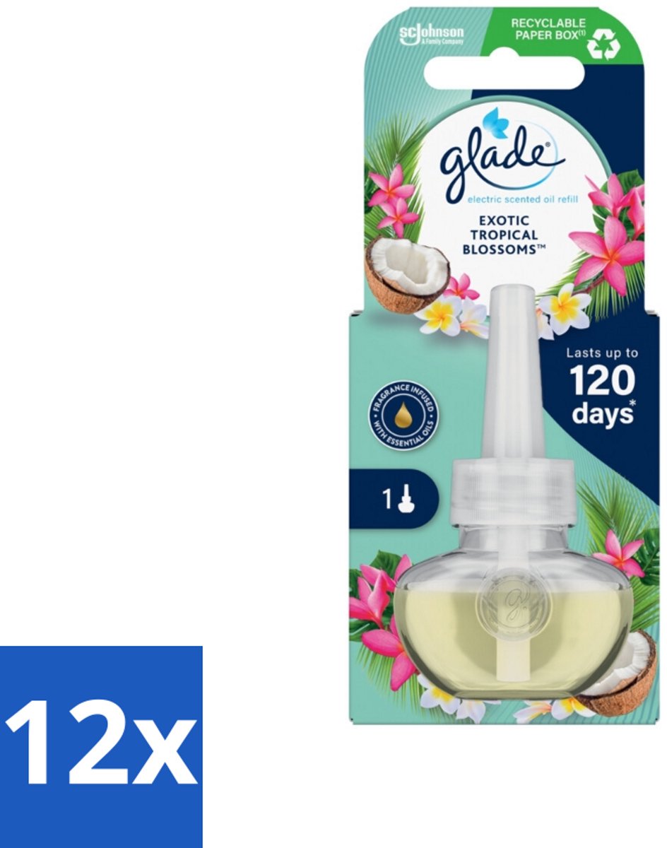 12 x Glade - Navulling Elektrische Olie - Exotic Tropical Blossoms - Zonder Houder - Geurkaars - Elektrische Geur - Tropische Geur - Monoi Olie - Kokosmelk