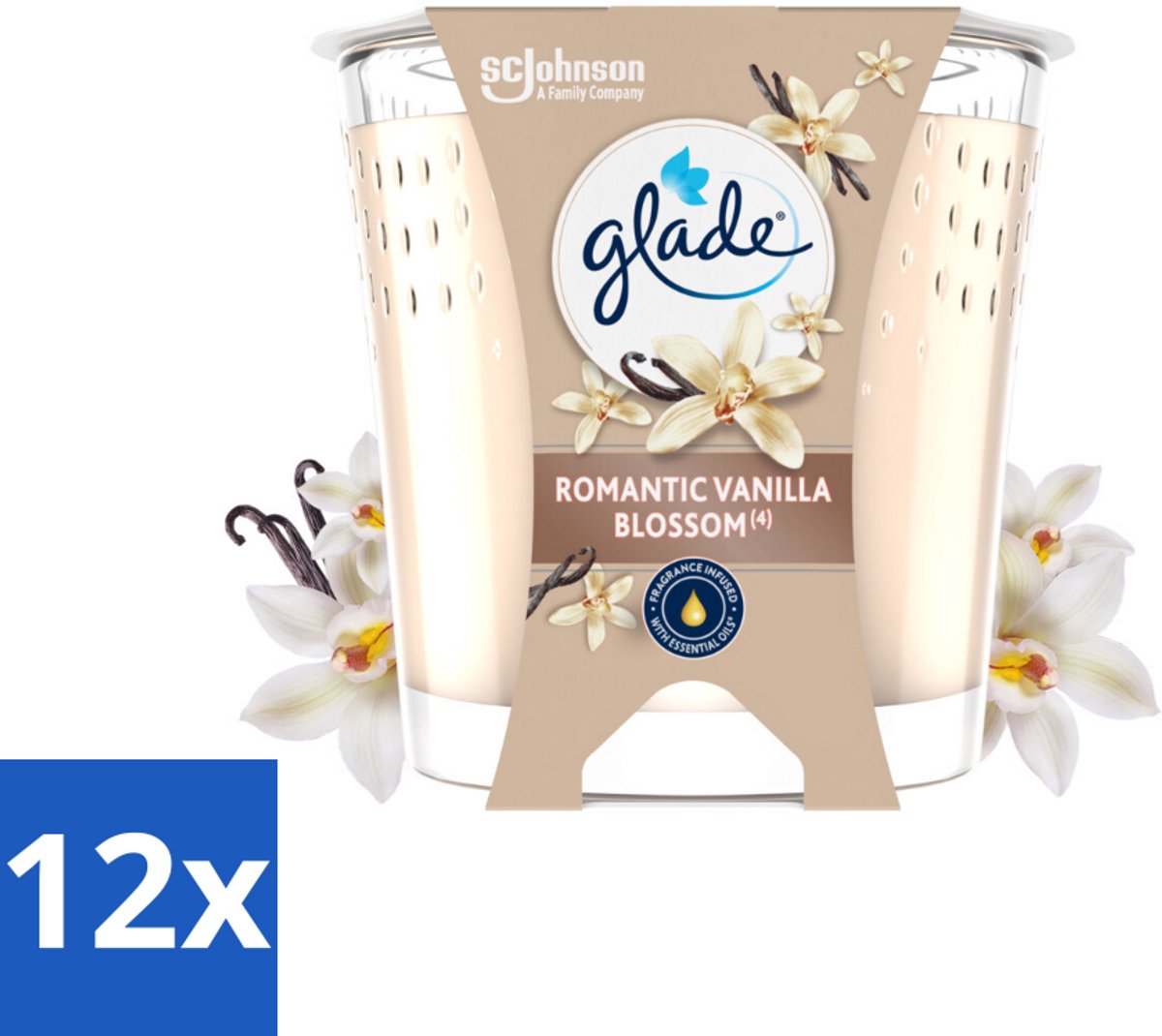 12 x Glade - Geurkaars Romantic Vanillebloesem - 100% Raapzaadwas & Vegan - 112 g - Geurkaars - Vanille Geur - Amber Geur - Vegan Kaars - Biologische Kaars