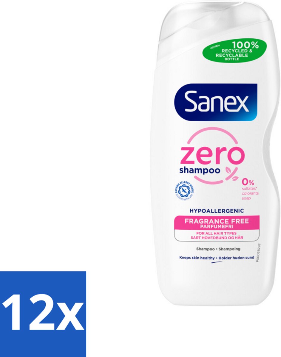 12 x Sanex - Shampoo - Zero% Normal Hair - Milde Reiniging - 250 ml - Sanex Shampoo - Shampoo Normaal Haar - Natuurlijke Shampoo - Biologische Shampoo - Sulfatenvrije Shampoo