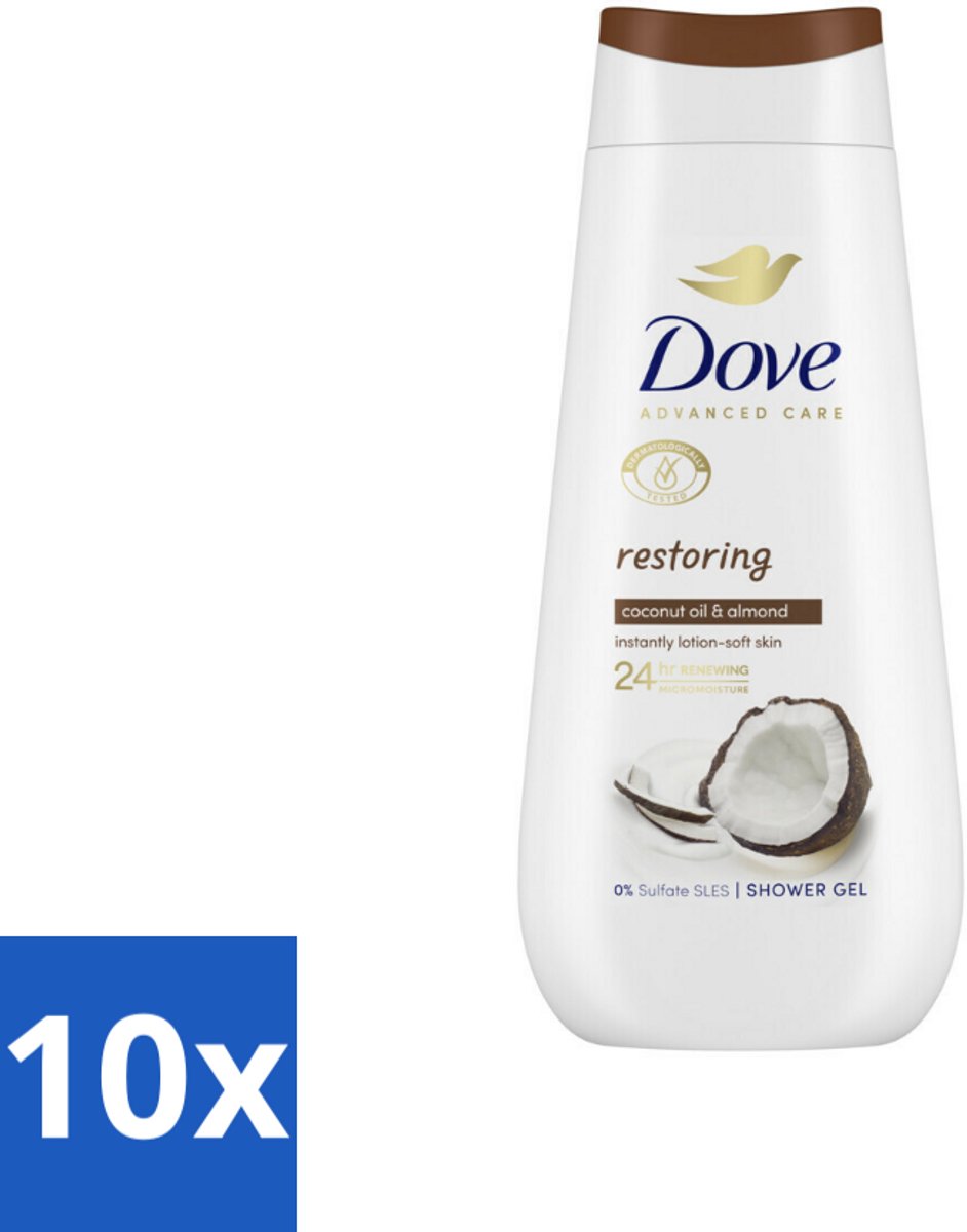 10 x Dove Douchecrème - Restoring - Kokos & Amandel - 225 ml - Douchegel - Huidherstel - Kokosolie - Amandelextract - 24-uurs Hydratatie