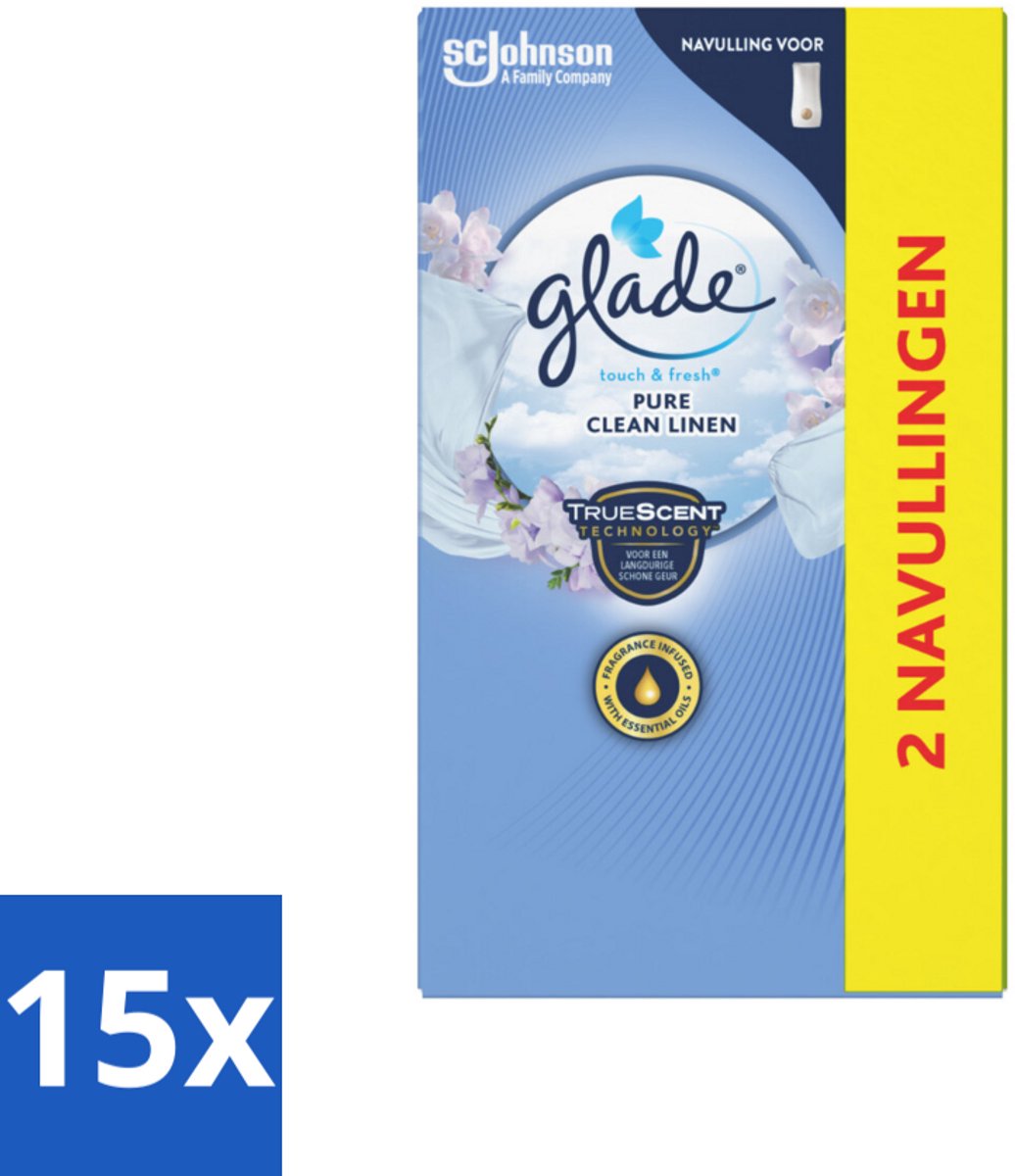 15 x Glade - Touch & Fresh Navulling - Pure Clean Linen - 2 × 10 ml - Glade Touch & Fresh - Navulling - Geurverspreiding - Frisheid - Bloemige Geur