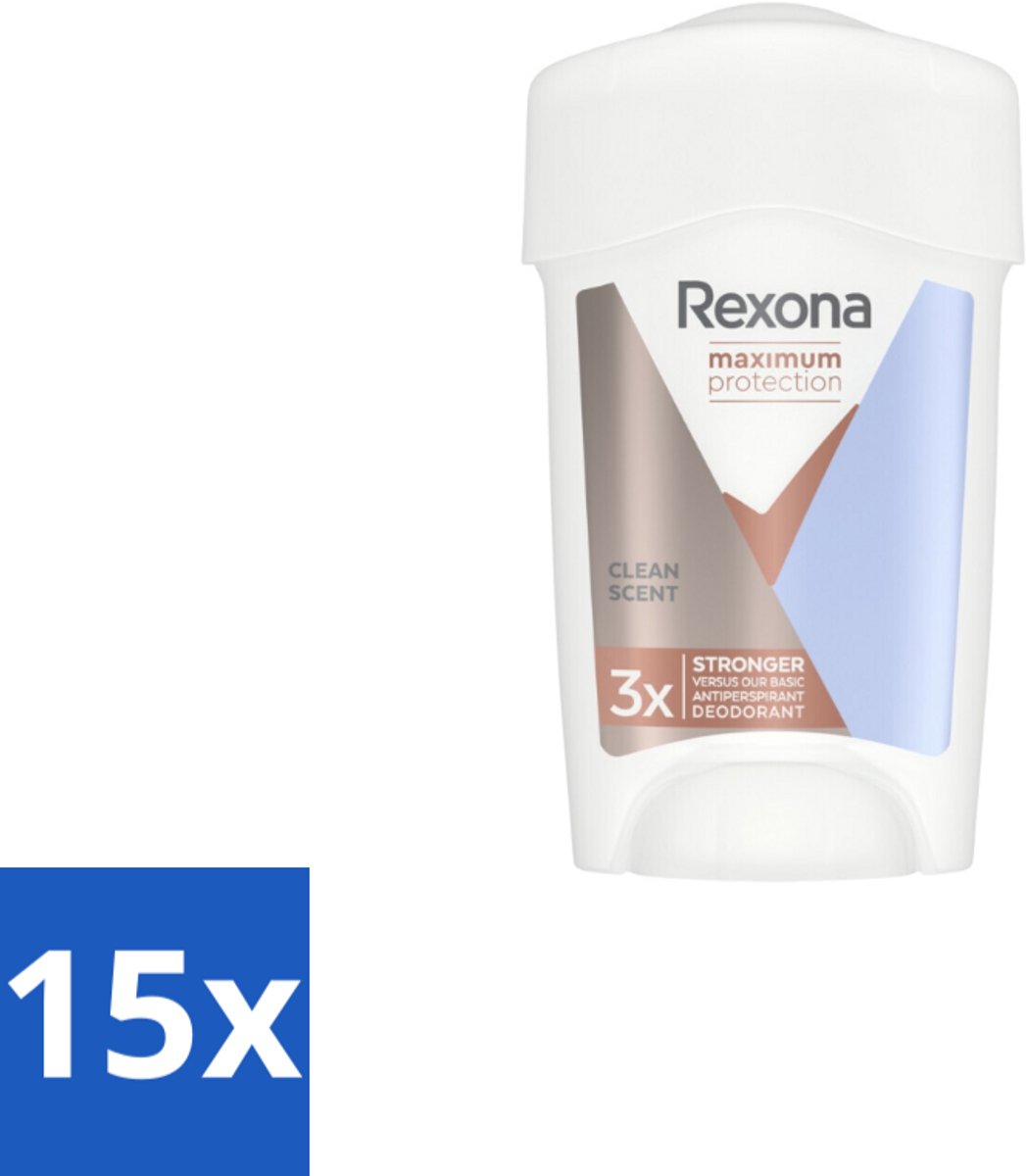 15 x Rexona - Deodorant Stick - Women Maximum Protection Clean Scent - Anti-transpirant - 45 ml - Anti-transpirant Stick - Zweetbestendig - Frisheid - Zweetgeur - Defence+ Technologie