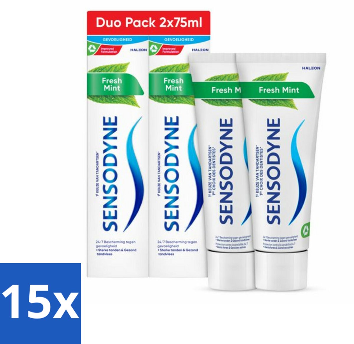 15 x Sensodyne - Tandpasta - Fresh Mint - Frisse Munt - Duopack - 2 x 75 ml - Gevoelige Tanden - Tandpasta - Frisse Munt - Fluoride - Tandplak