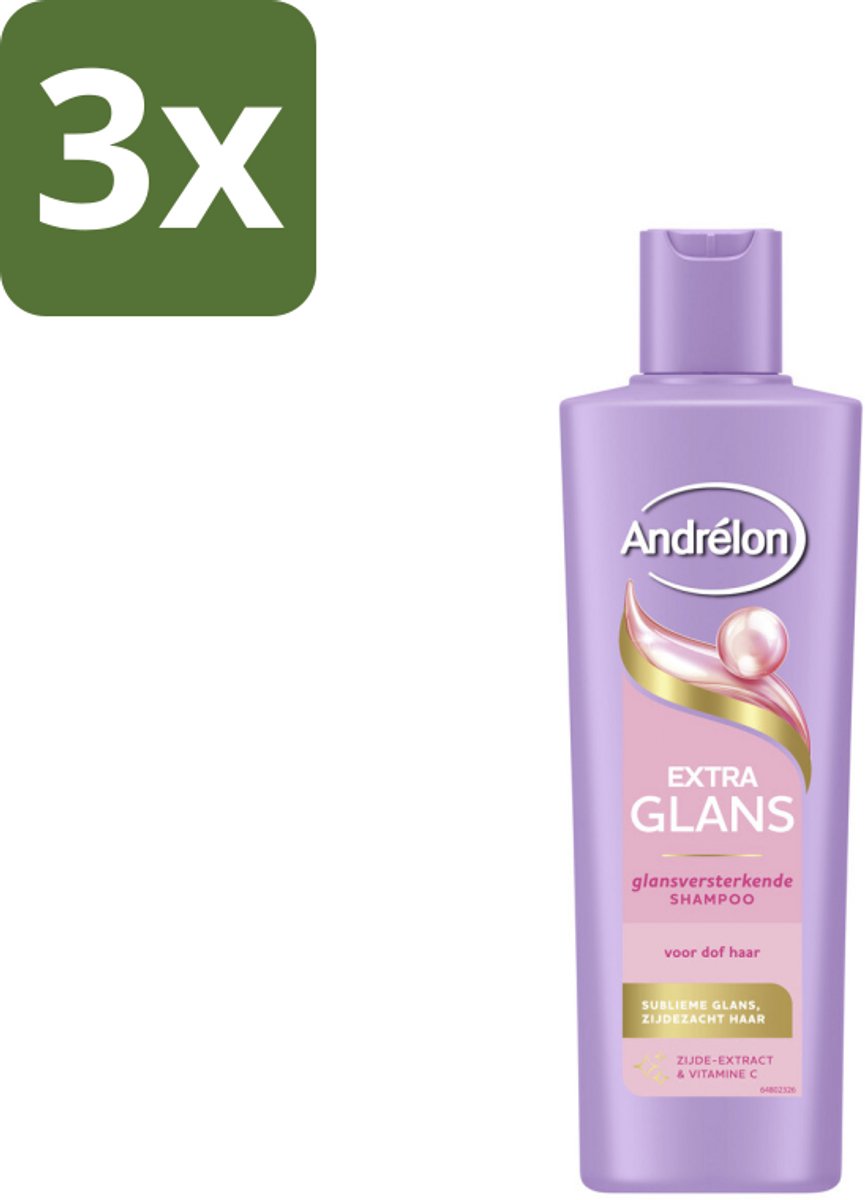 3 x Andrélon – Shampoo – Extra Glans – 250 ml - Extra Glans Shampoo - Dof Haar - Haar Verzorging - Zijde Extract - Vitamine C