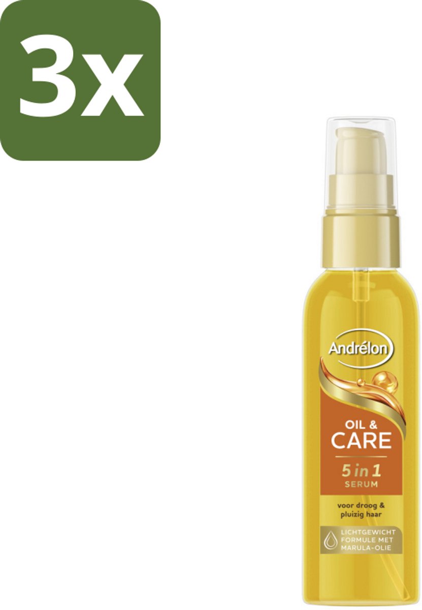 3 x Andrélon – Haarserum – Oil & Care – 75 ml - Haarserum - Pluisbestrijding - Glansgeven - Haarverzorging - Marula-olie