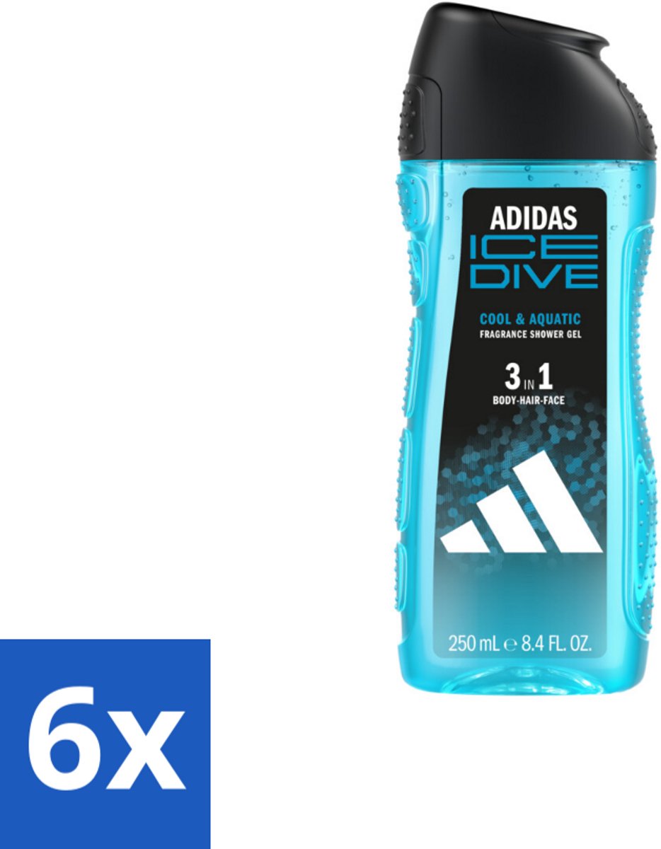 6 x Adidas – Douchegel 3-in-1 – Ice Dive – 250 ml - Douchegel 3-in-1 - Frisheid - Menthol - Zeezout - Sportverzorging