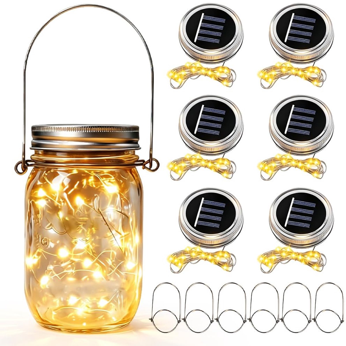 Mason jar lantaarn deksel met 30 ledlampen - zonne-energie - 6 stuks - sfeervolle verlichting voor tuin en balkon - ShopVlot
