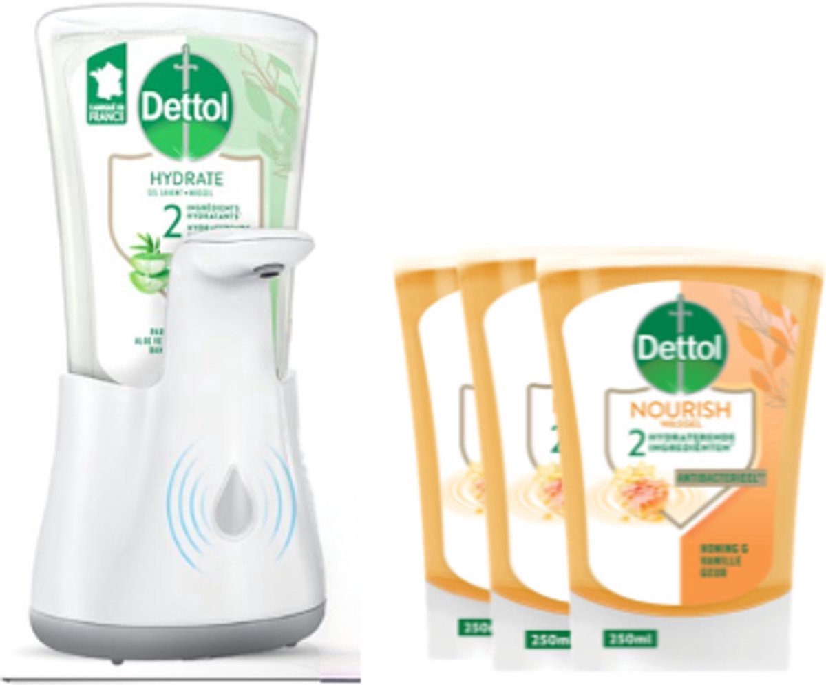 Bol.com Dettol - Automatische Zeepdispenser No Touch & 3x250ml Handzeep No Touch Navulling - Honing & Sheabutter - Voordeelverpa... aanbieding