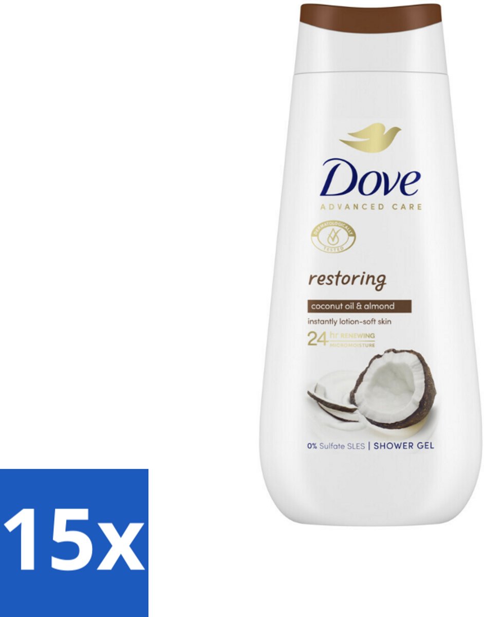 15 x Dove Douchecrème - Restoring - Kokos & Amandel - 225 ml - Douchegel - Huidherstel - Kokosolie - Amandelextract - 24-uurs Hydratatie