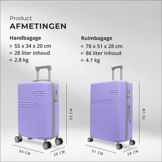 Lichtpaarse handbagage koffer (55x34x20 cm, 28L, 2.8kg) naast een grotere lichtpaarse koffer (76x51x28 cm, 86L, 4.1kg). Tekst: Product afmetingen Handbagage, Ruimbagâge.
