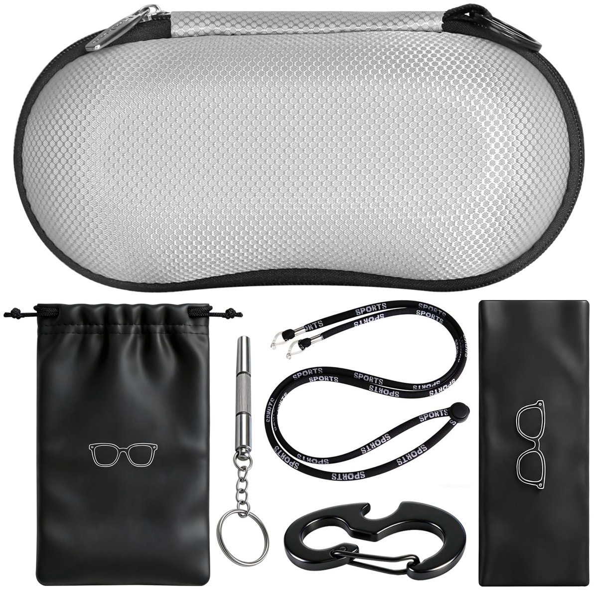 Dailygoods- Zonnebrillenkoker - Krasbestendige Harde Schaal - EVA-Materiaal - Karabijnhaak - Geschikt voor Grote Brillen - Inclusief Microvezeldoek - Brillenkoffer