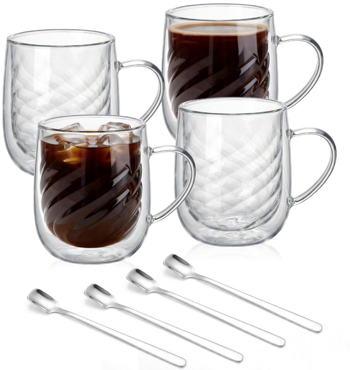 Dailygoods- Koffieglazen Dubbelwandig 350 ml - Borosilicaatglas - Spiraalpatroon - Transparante Handgreep - Inclusief Roestvrijstalen Lepel - Voor Cappuccino/Latte/Espresso - Koffiebekers
