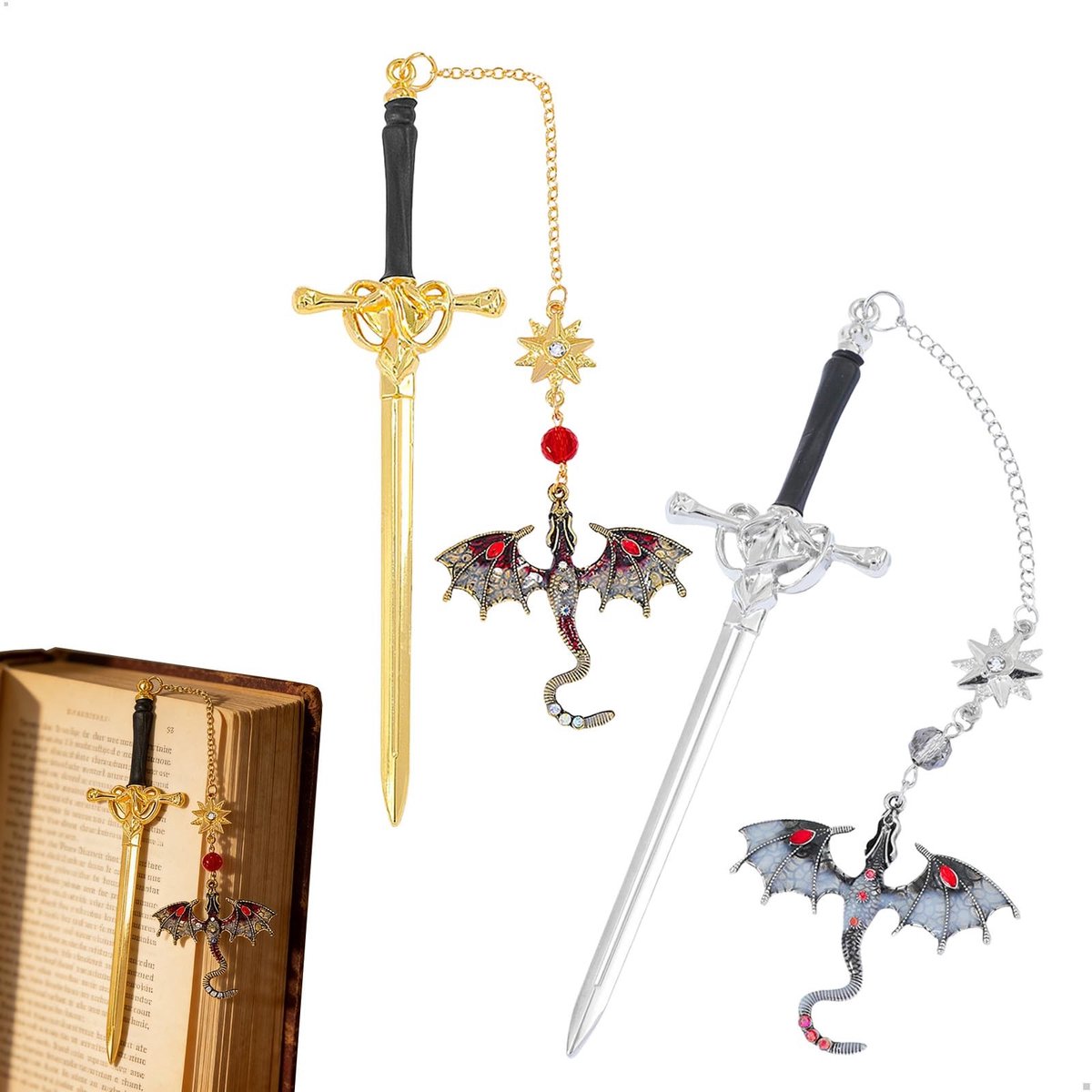 Dailygoods- Boekenlegger Set van 2 - Metalen Bladwijzers - Draak/Zwaard Motief - Vintage Stijl - Uniek Cadeau voor Boekenliefhebbers - Bladwijzer