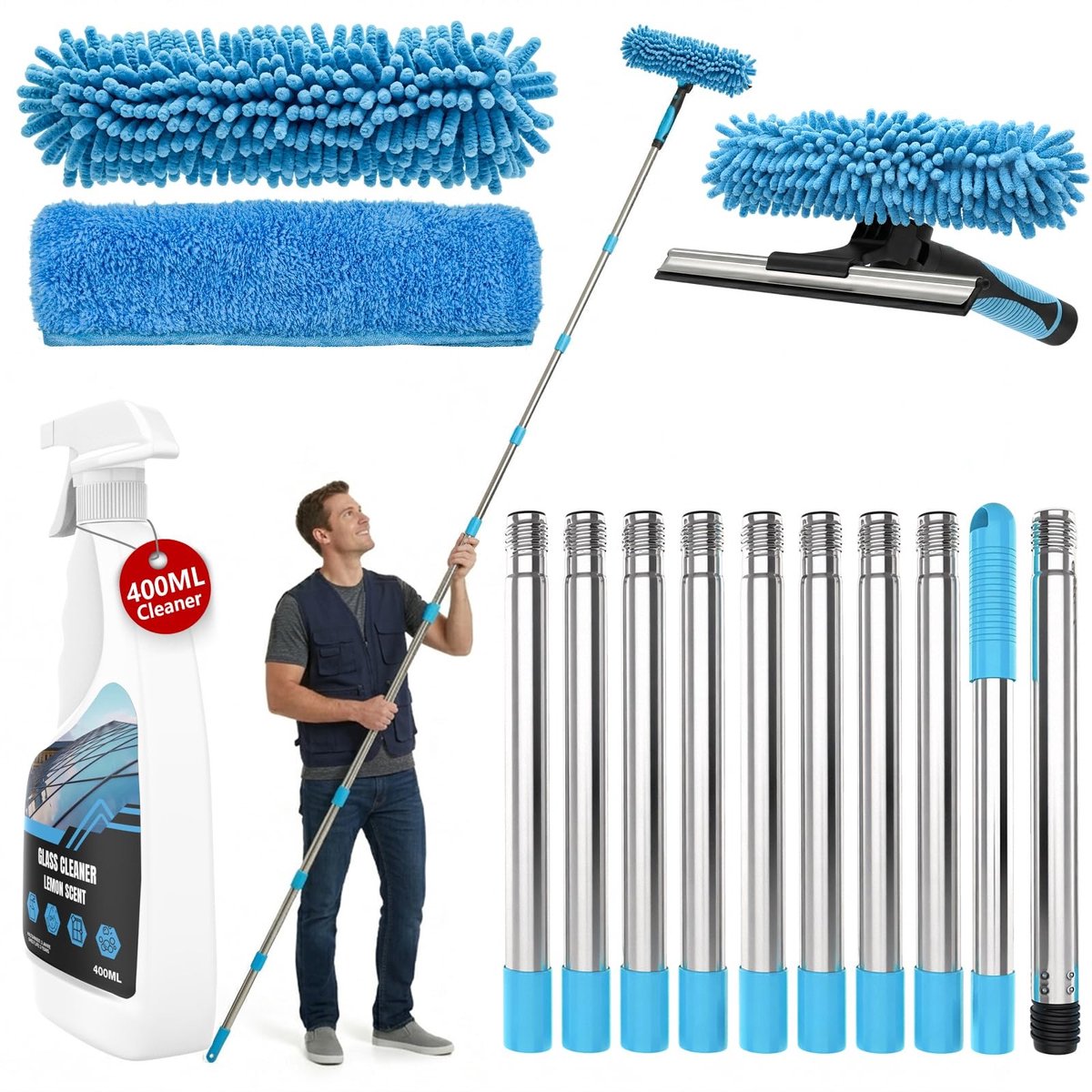 Dailygoods- Raamreinigingsset 4,5 m - 2-in-1 Raamwisser - Uitschuifbare Reinigingsstang - Streepvrij - Rubber Wisserblad - 180° Draaibaar