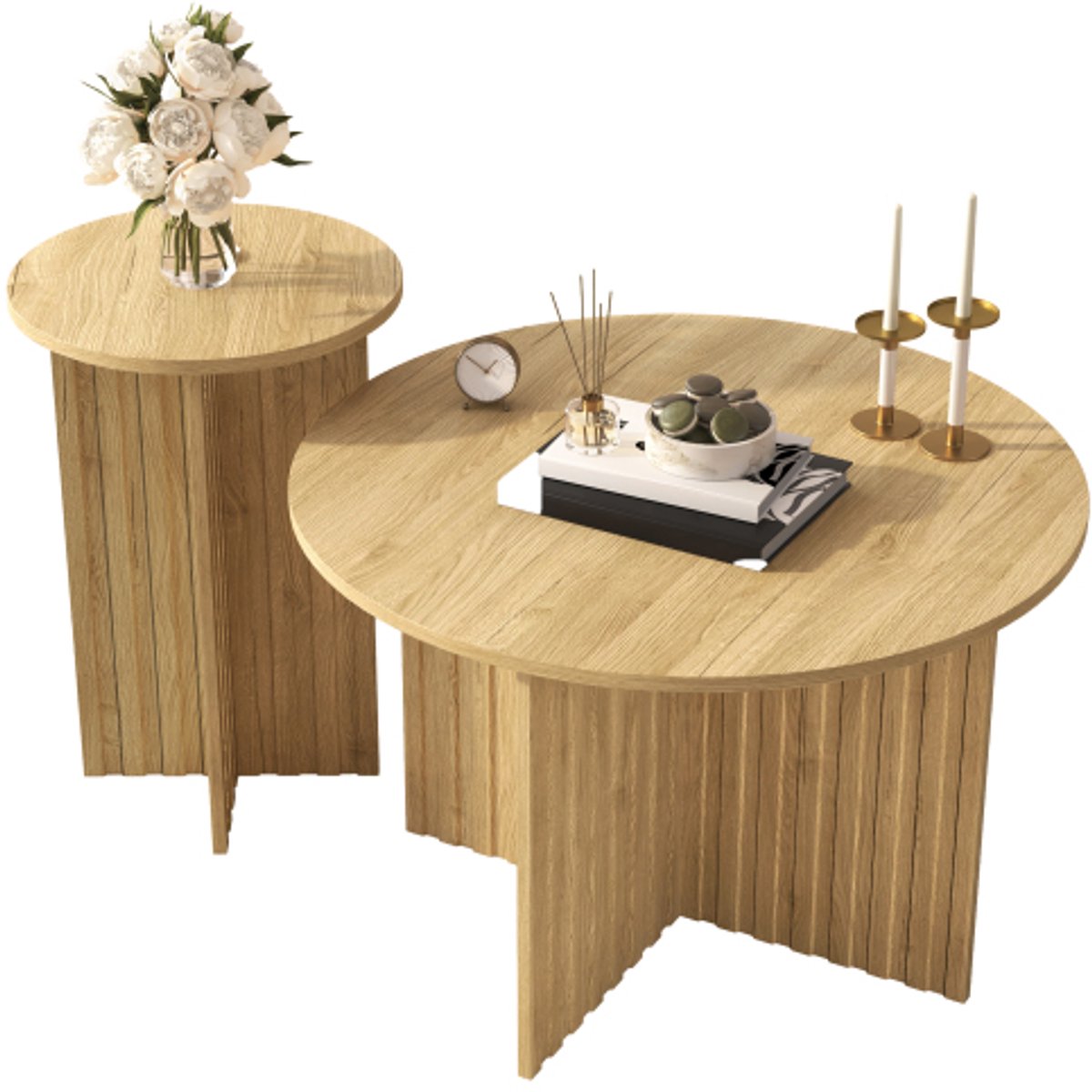 Lemonbest Salontafel Set 2 Delig - Ronde Nesttafels 76 en 40 cm - Ruimtebesparende Bijzettafels met Houtlook - Naturel