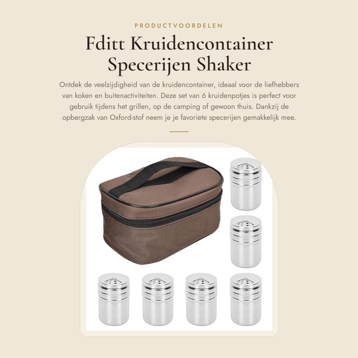 Dailygoods- Kruidencontainer 6 Stuks - Specerijen Shaker - Kruidenpotjes met Opbergzak - Roestvrij Staal - Oxford-Stof - Lichtgewicht 426 g