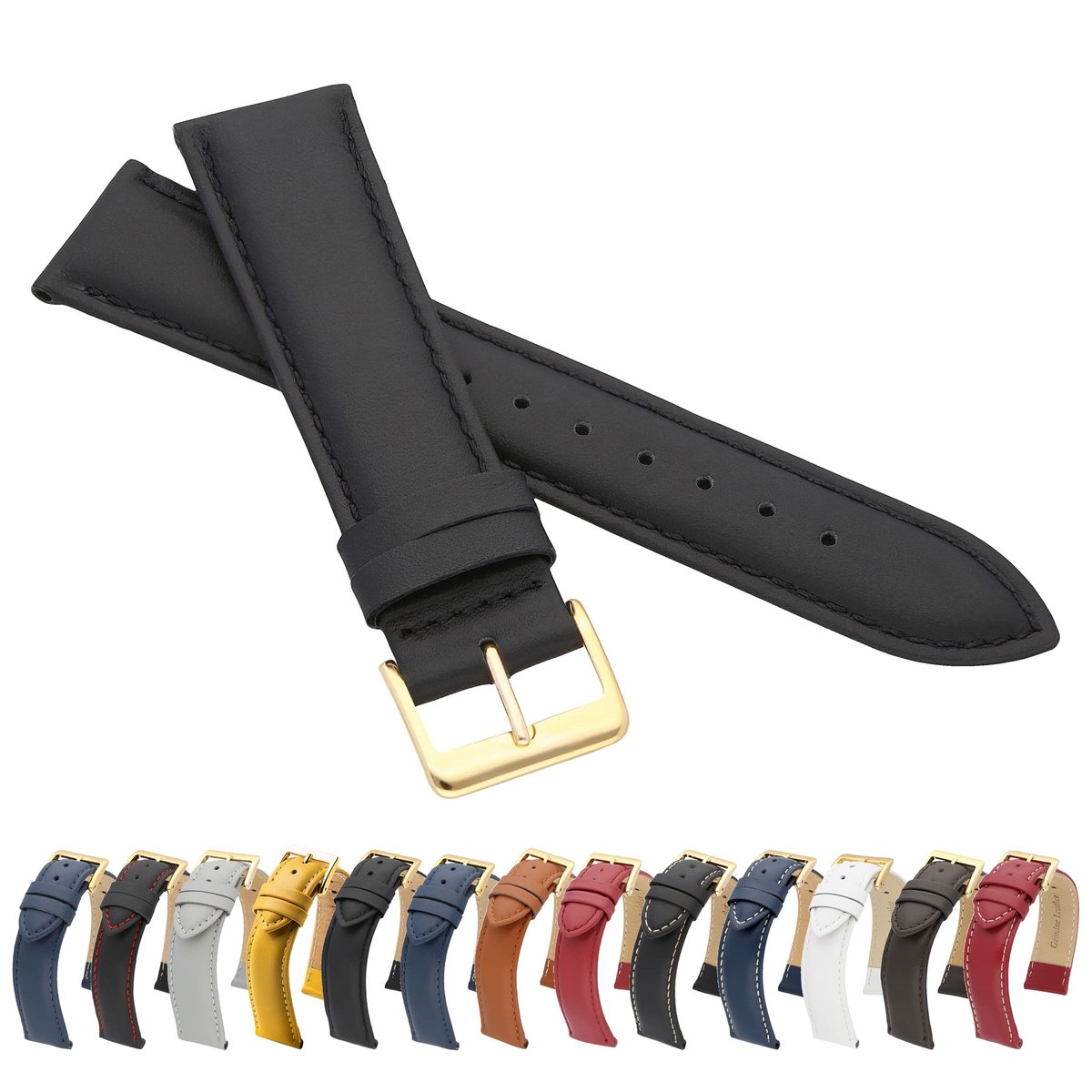 Solidchoice- Horlogebandje 20 mm - Echt Leer - Gouden Sluiting - Glad Leer - Tijdloos Design - Zacht en Fijn Gevoerd - Horlogearmband