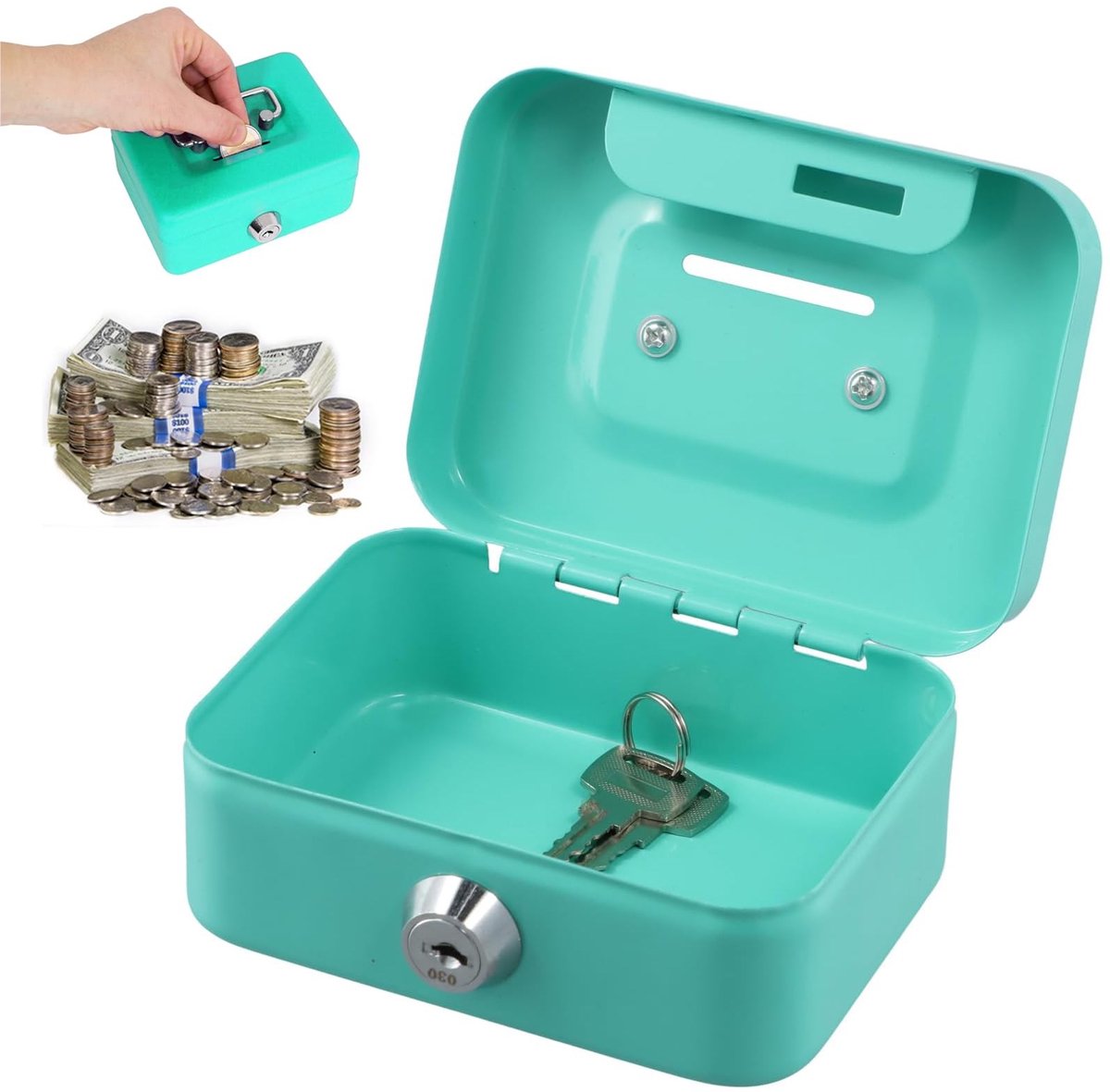 Solidchoice - Groen Geldkist, 11,5 X 8,5 X 5,8 Cm Afsluitbaar Met Sleutel, Metalen Kluisje Spaarpot Met Toetsvergrendeling, Geldtas, Kluis, Elegante Metaalkluis