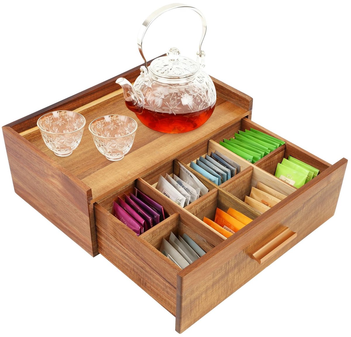 Solidchoice- Theebox met 8 vakken - Houten Theedoos - Theezakjes-organizer - Opbergdoos voor Keuken - Multifunctionele Opbergoplossing - Elegant Design