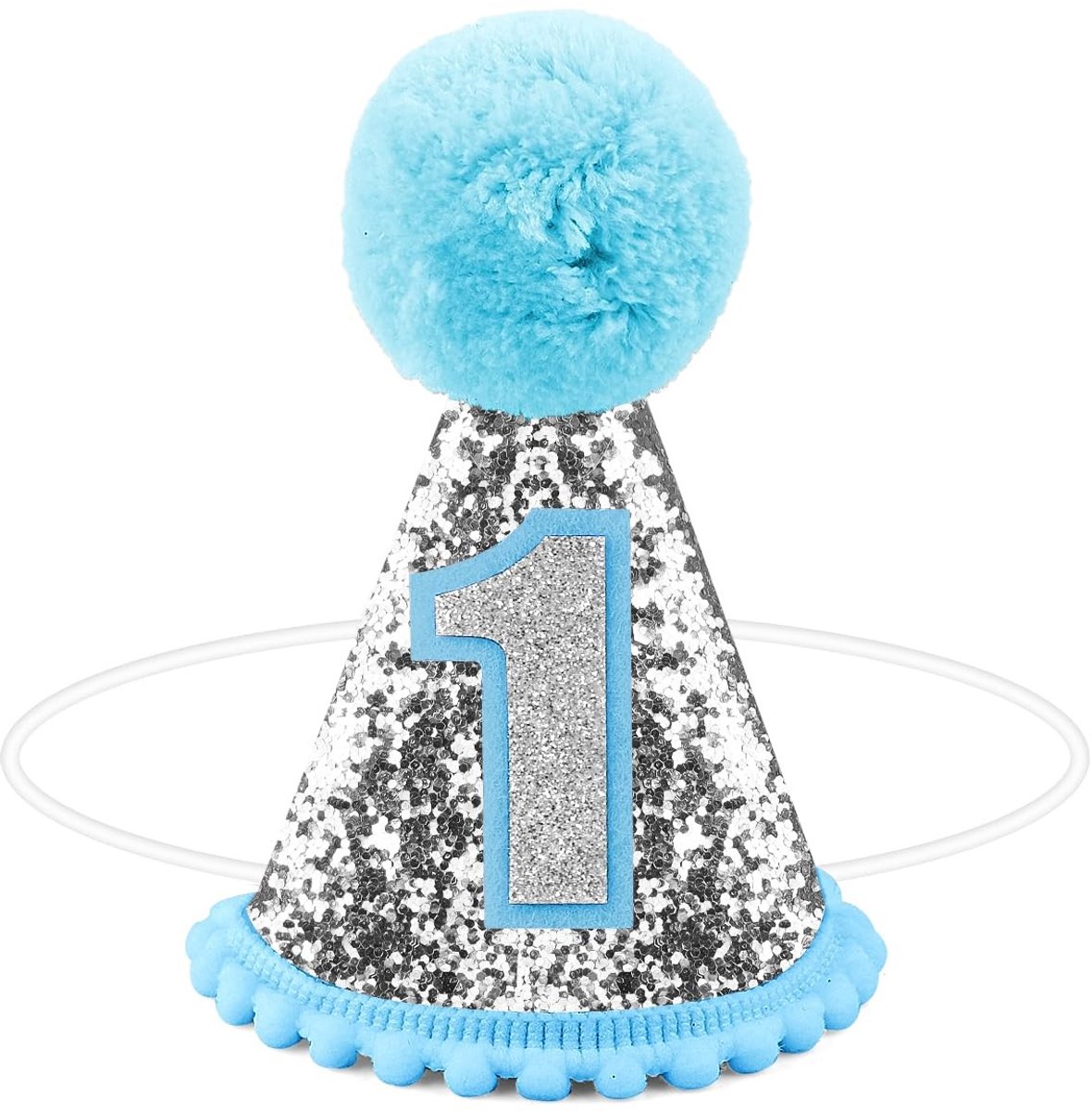 Solidchoice- Verjaardagsfeesthoed Premium Wolvilt - Feesthoedje - Decoratieve Hoed - Babyverjaardagsdecoratie - 11x8cm - Zilver/Blauw - Feesthoed