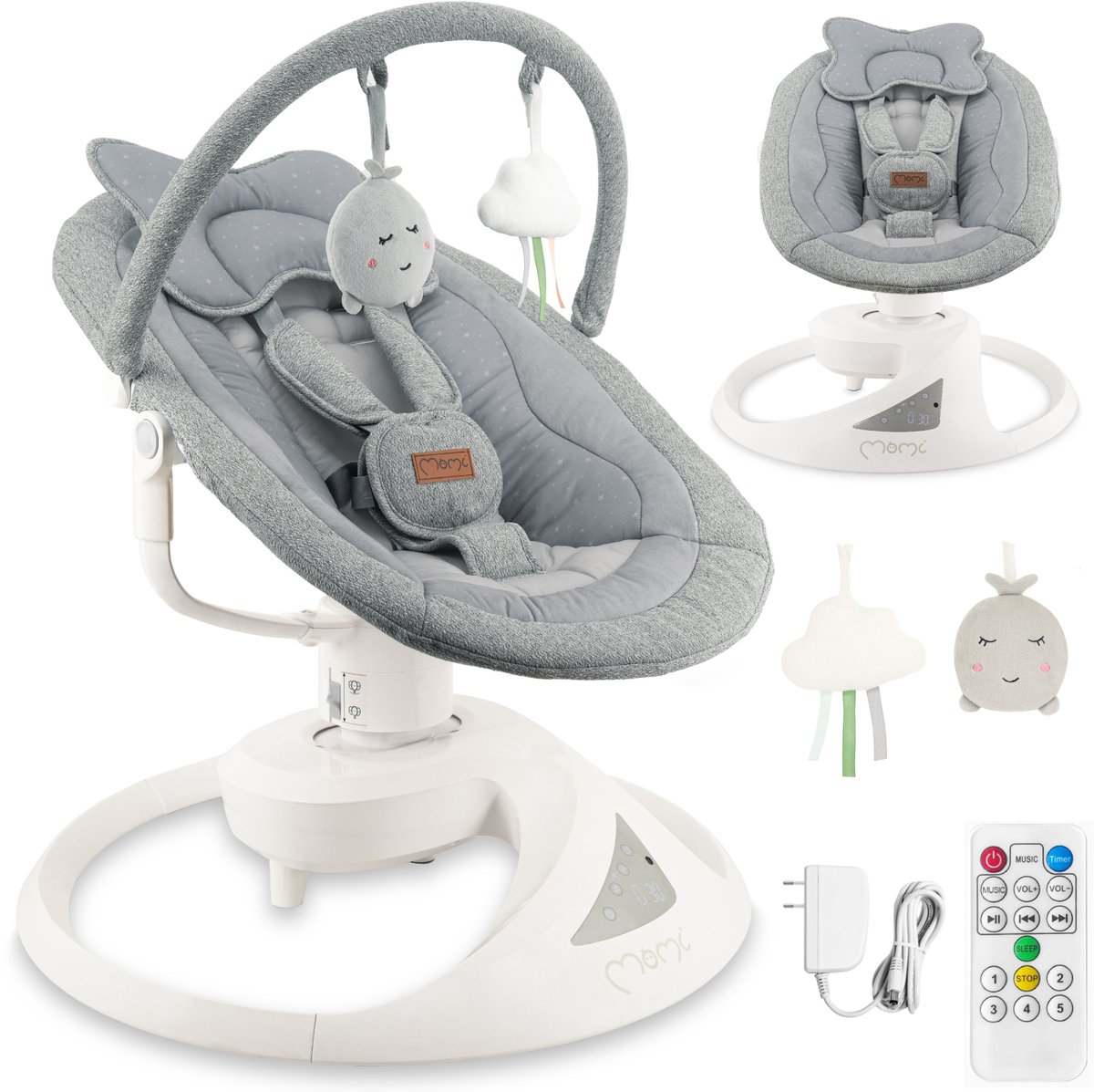 MoMi PEARL Elektrische Babyschommel en Wipstoel met Bluetooth, Afstandsbediening en 360° Draaibare Zitting - Grijs