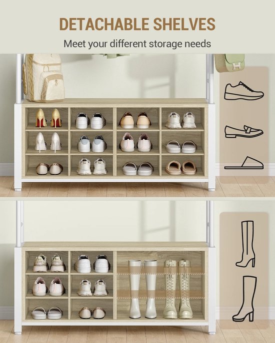 Garderoberek met schoenenbank, met meerdere opbergvakken voor schoenen en planken voor accessoires. Met schoen-iconen.