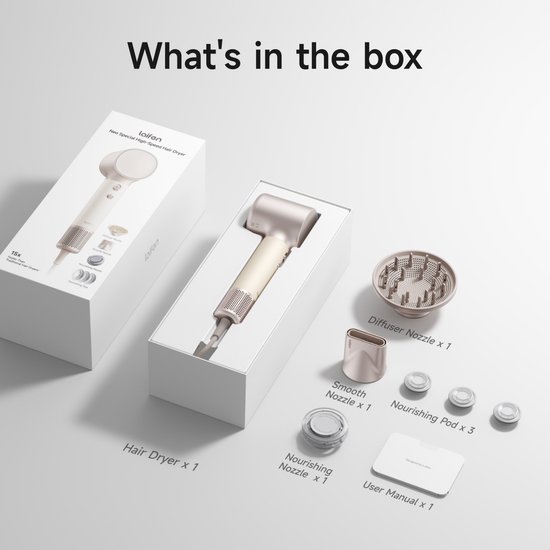 Inhoud van de doos: haardroger, diffuser, gladmakende opzetstukken, voedende pods en gebruikershandleiding. Text: What's in the box