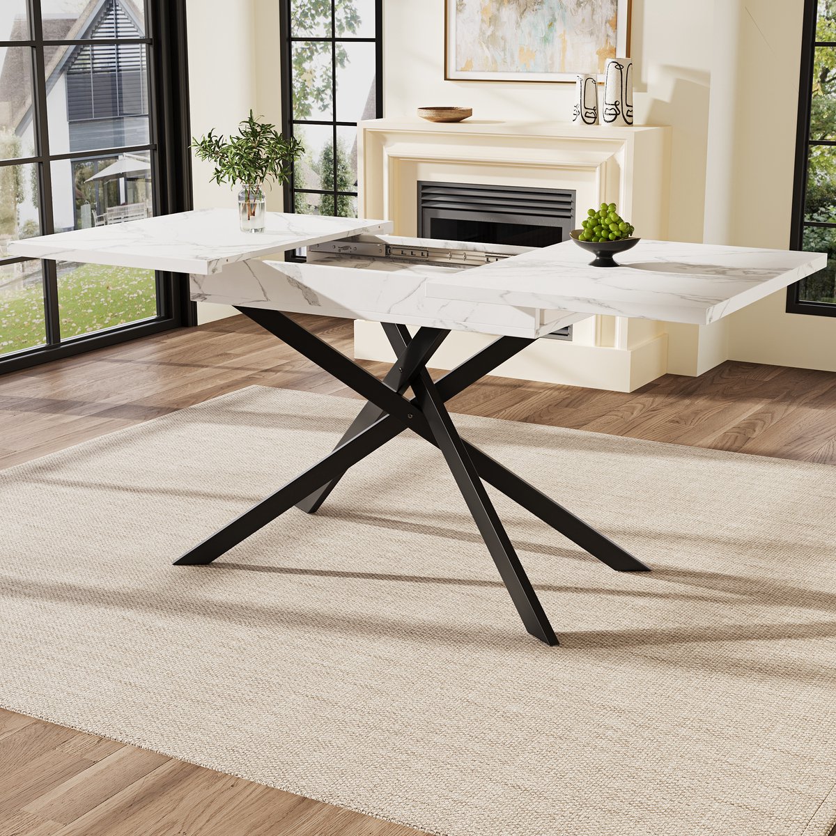 DESMIU Uitschuifbare Eettafel - Modern Kruispootontwerp - Voor Keuken Woonkamer En Eetkamer - MDF En Metaal - Wit Zwart - 120x80x76,5 Cm
