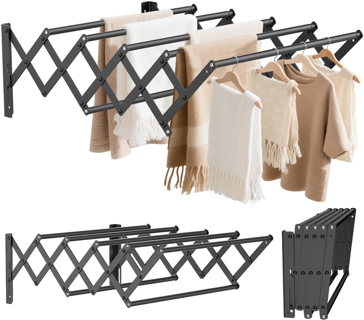 Dailygoods- Wanddroogrek roestvrij staal - Uittrekbaar 42-80 cm - Draagvermogen 28 kg - Voor binnen/buiten - Zeven droogstangen - Wasdroger