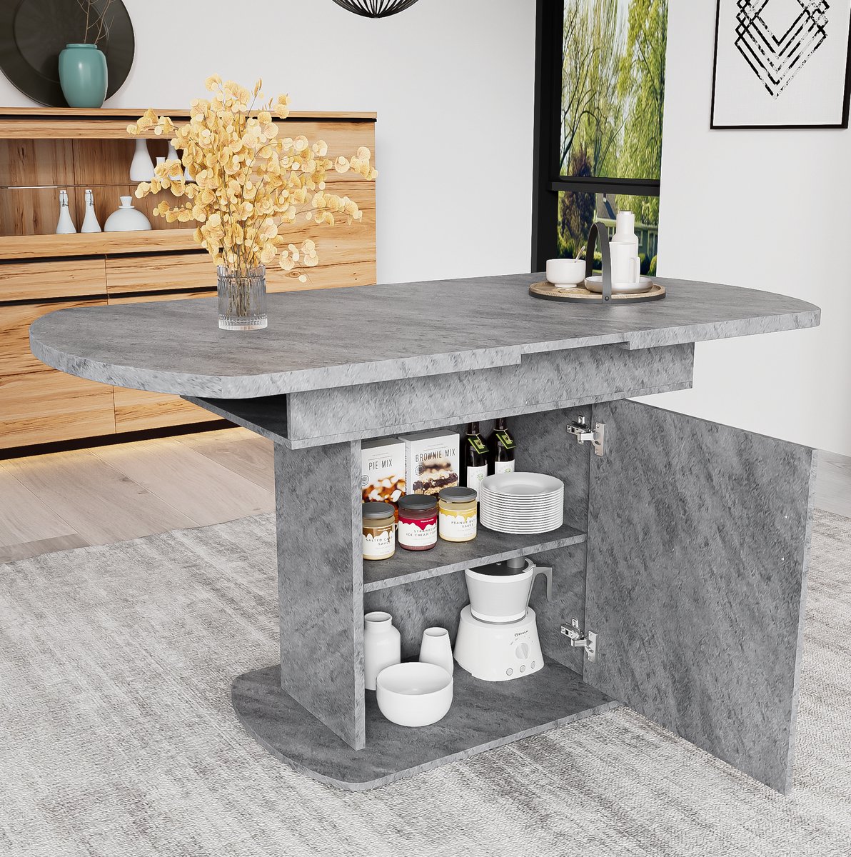 DESMIU Eettafel - Uitschuifbaar Ovaal Met Opbergruimte - Voor Eethoek En Werkplek - Spaanplaat En Metaal - 110 Tot 130x70x75 Cm - Grijs
