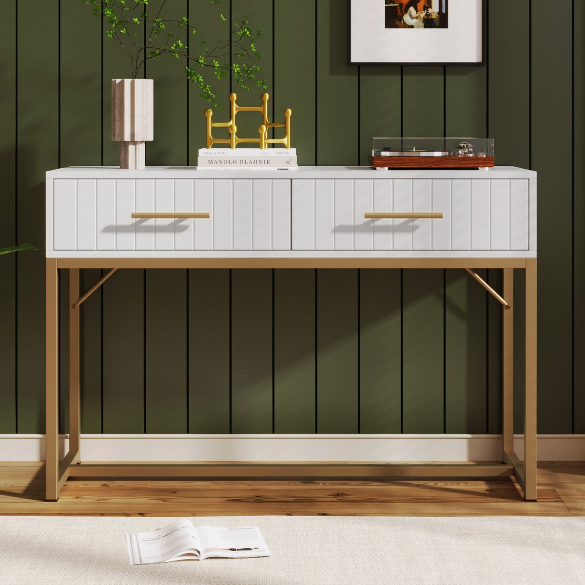 DESMIU Dressoir - Modern Geribbeld Design Met Twee Laden - Voor Slaapkamer En Kaptafel - Spaanplaat En Metaal - Wit - 100x45x75 Cm