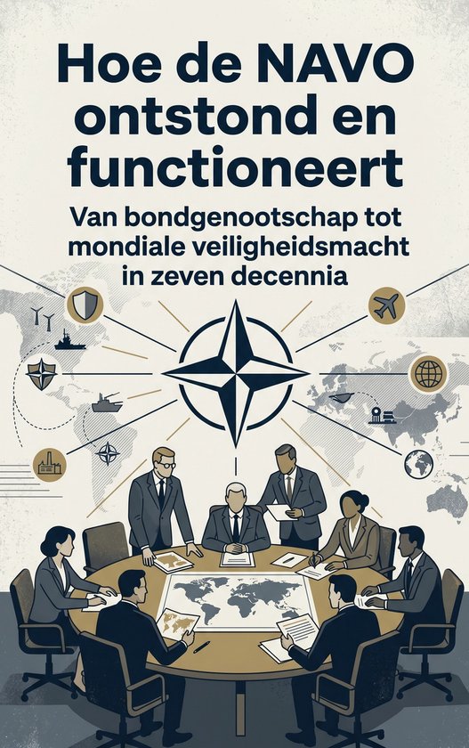 Groupe de dirigeants à table ronde, carte du monde et logo de l'OTAN au centre. Titre : Comment l'OTAN a vu le jour et fonctionne.