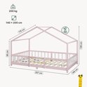 Roze kinderhuisbedframe met afmetingen: 207x146x138cm. Spijlenhoogte 90cm. Matrasmaat 140x200cm. Max. belasting 200kg. Eco-verf.