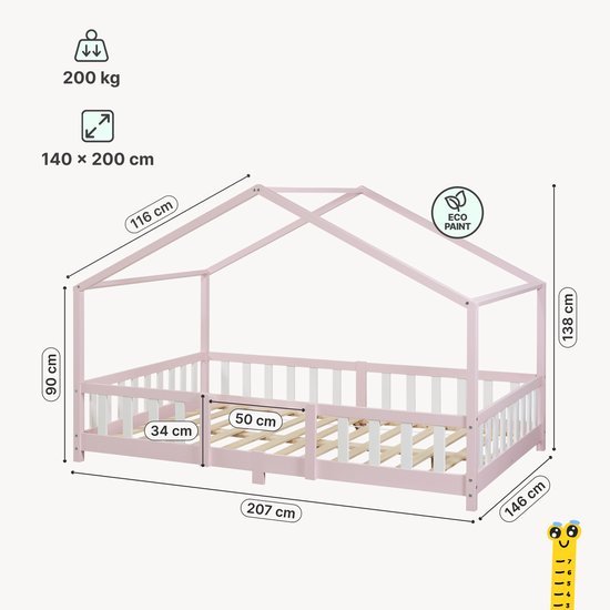 Roze kinderhuisbedframe met afmetingen: 207x146x138cm. Spijlenhoogte 90cm. Matrasmaat 140x200cm. Max. belasting 200kg. Eco-verf.