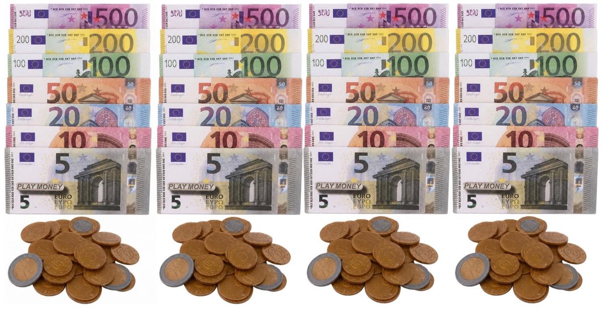 Speelgeld - 4x sets pakjes - Euro - briefgeld en muntgeld - winkeltje spelen - euromunten - eurobriefjes - munten en briefjes - speelgoed geld