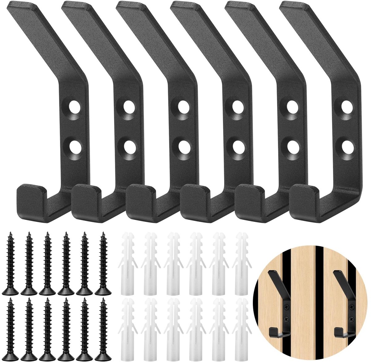 Dailygoods- Garderobehaken 6 Stuks - Dubbele Haken - Kledinghaken voor Jassen - Wandhaken voor Akoestische Panelen - Zwart - Diameter 13 mm