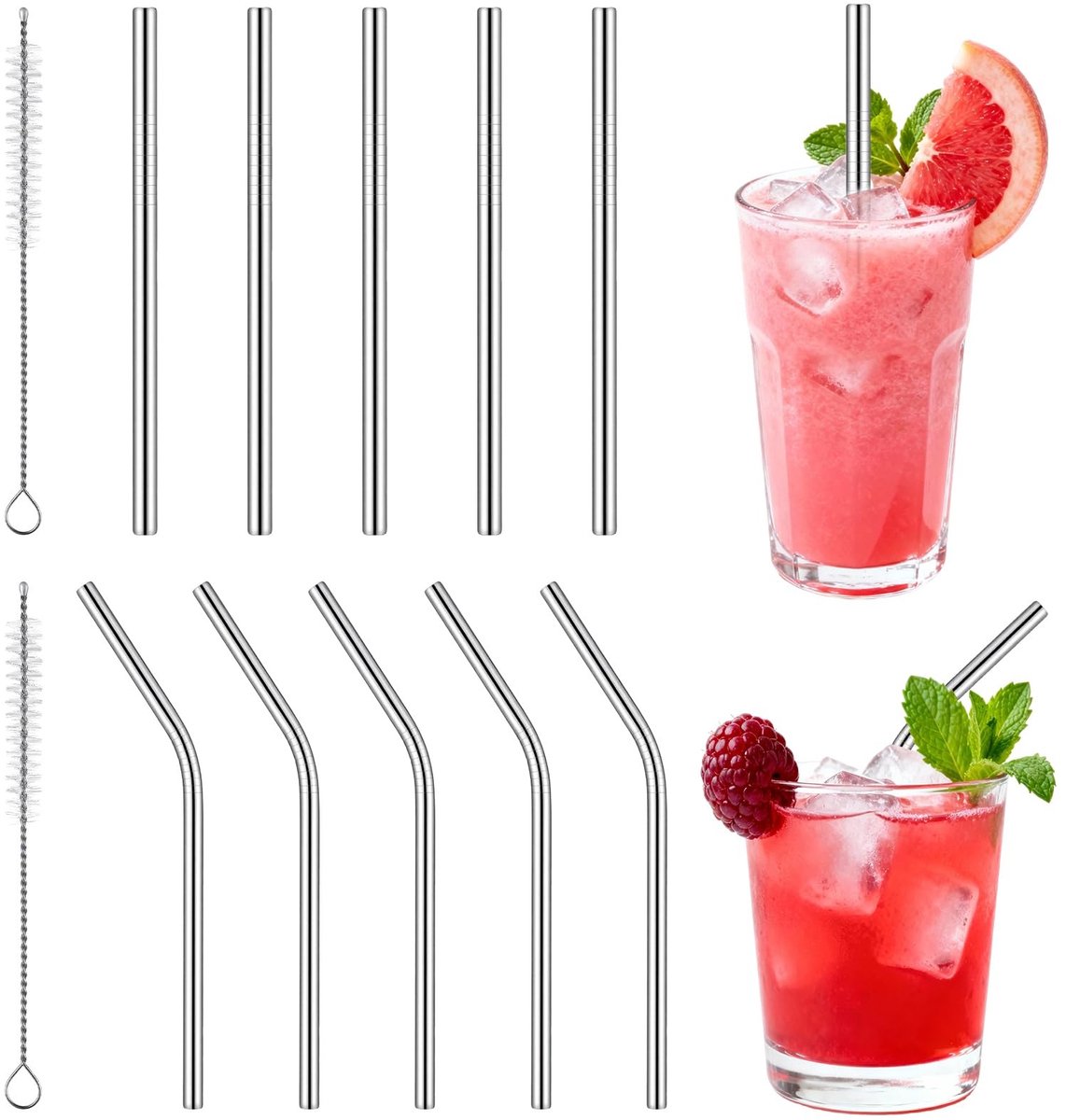 Dailygoods- Rietjes Herbruikbaar - Roestvrij Staal - Metalen Rietjes - Gebogen/Rette Rietjes - 10 Stuks - Inclusief Borstel
