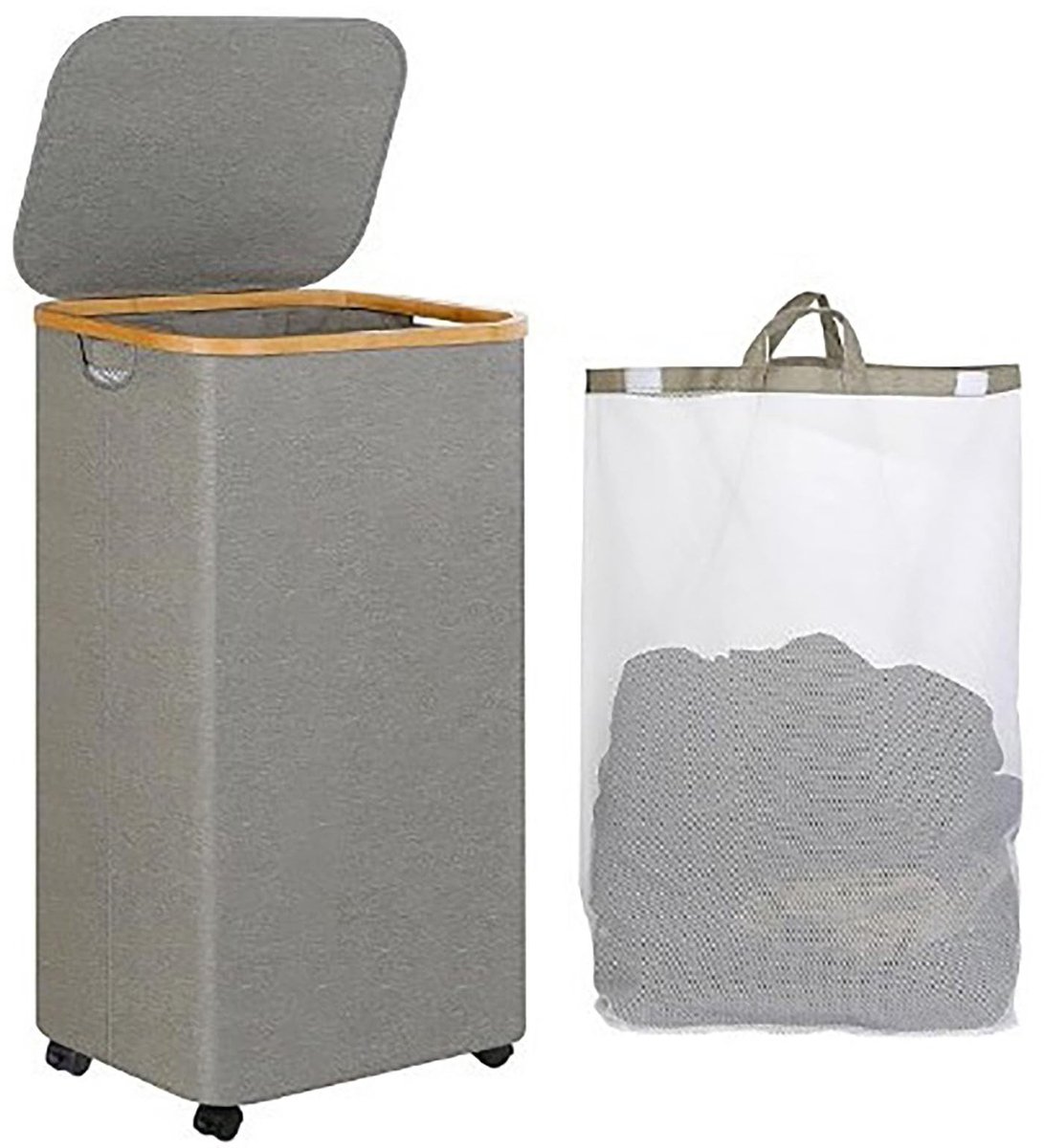 Dailygoods- Wasmand 110L - Opvouwbaar met Wielen - Wasmand met Deksel - Multifunctionele Opslagmand - Waterdicht - Lichtgewicht Bambusframe - Wasmandje