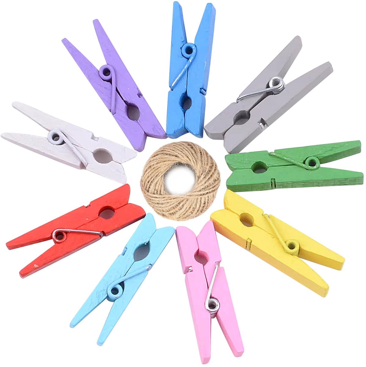 Dailygoods- Knutselharingen 10 m Koord - Mini Wasknijpers Hout - Fotobevestiging - Cadeau-accessoires - Creatieve Klemmen - Stabiel en Goed Afgewerkt