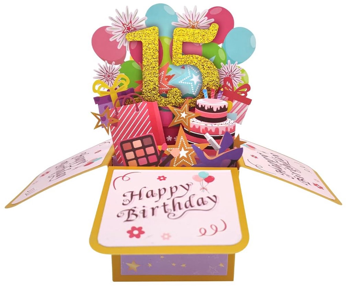 Dailygoods- Pop-upkaart 15e Verjaardag - 3D Wenskaart - Verjaardagskaart voor Meisjes - Grappige Verjaardagsdecoratie - Cadeau Idee voor Dochters/Nichtjes