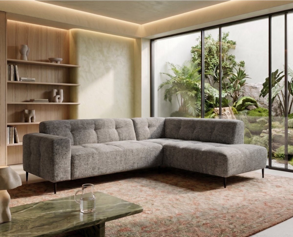 Meubelplaats Hoekbank Viano rechts stof Bella 15 Donkergrijs gemêleerd - 255x200x84 cm - modern
