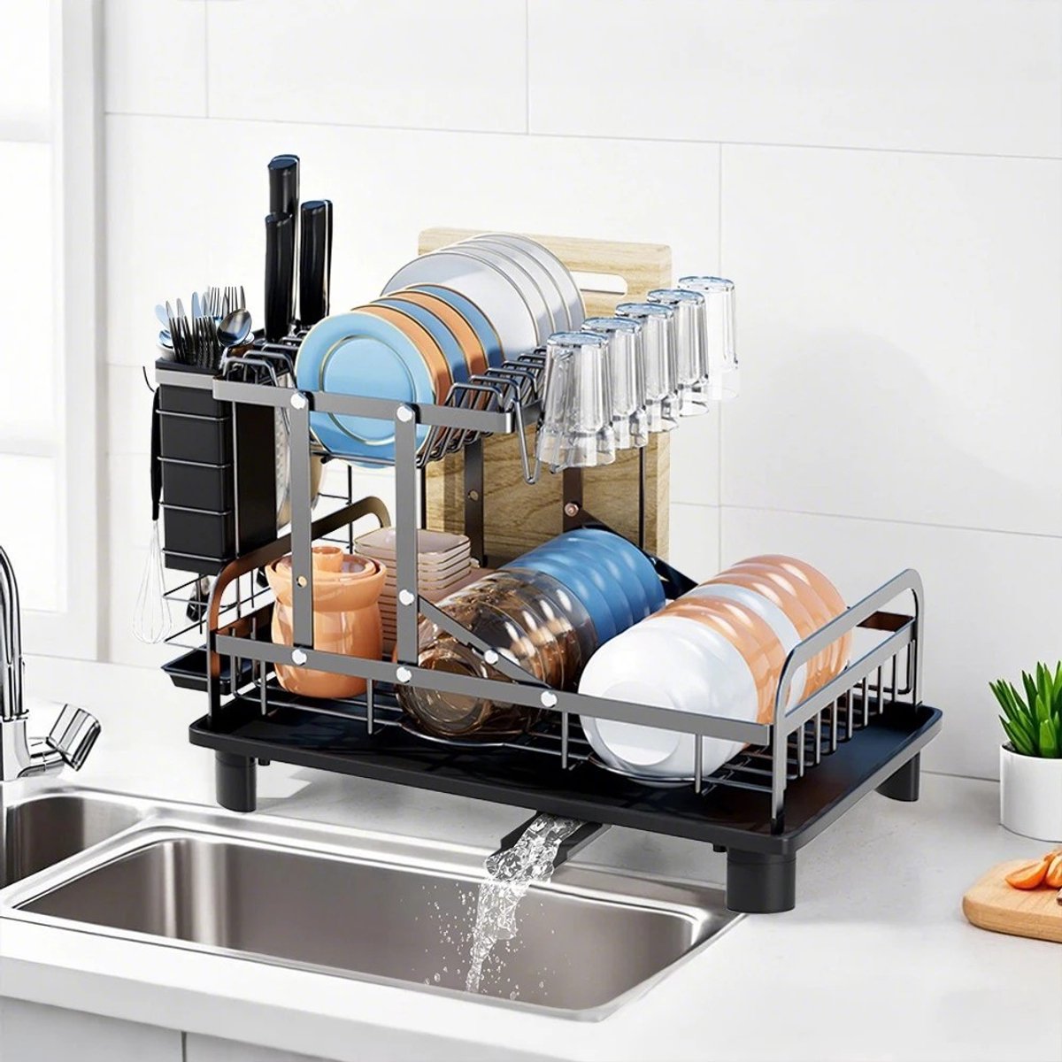 Dailygoods 2 Tier Dish Drainer Rack - Dish Rack with Utensil Holder, Large Capacity Space-Saving Dish Drying Rack with D