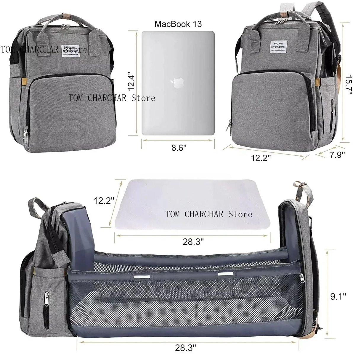 Velmio Luiertas - Mama Tas - Draagbare Opvouwbare Wieg Bed - Reis Zwangerschapstas - Baby Rugzak - Uitklapbare Aankleedtafel - 40x30x20cm - Grijs