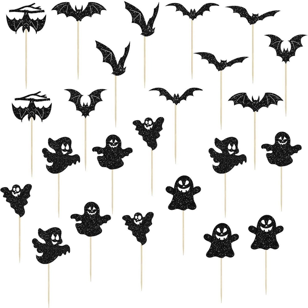 Dailygoods- Inzetstukken 12 Stuks - Taartdecoratie - Vleermuis/Spook - Cupcake Decoratie - Themafeestdecoraties - Duurzaam Glitterpapier/Hout