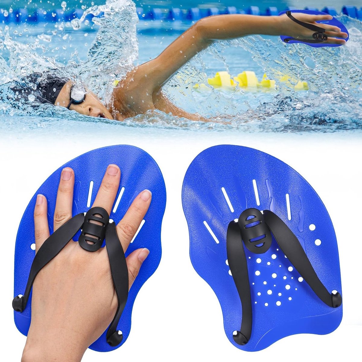 Handpaddles voor Zwemtraining, Verstelbare Zwemaccessoires voor Volwassenen en Kinderen, Versterk je Zwemtechniek met Handpeddels en Zwemstoelen (Blauw)