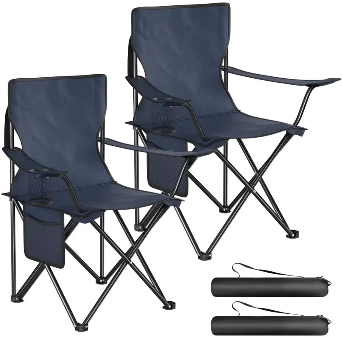 RosaBloom campingstoel set van 2 - Vouwstoel - Strandstoel - Vissersstoel - Inklapbaar - Met bekerhouder & zijtas - 48x78,5x82cm - Marineblauw