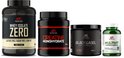 Vier verschillende potten en een flesje van XXL Nutrition: Whey Isolate Zero (vanille), Creatine Monohydraat (500 g), Black Label Pre Workout (rode vrucht, 390 g) en Multivitaminen.